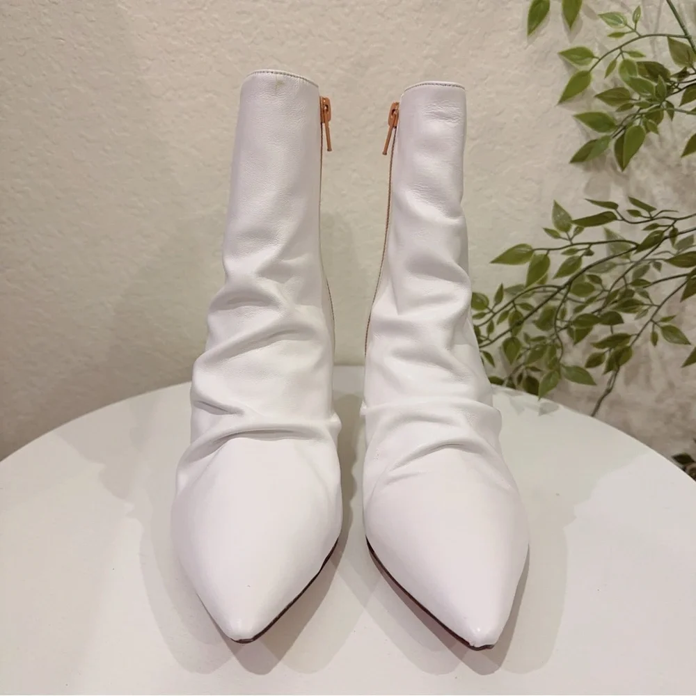 Jaggar White Pleated Leather Boots Kitten Heel Booties in Ivory NIB 37/39